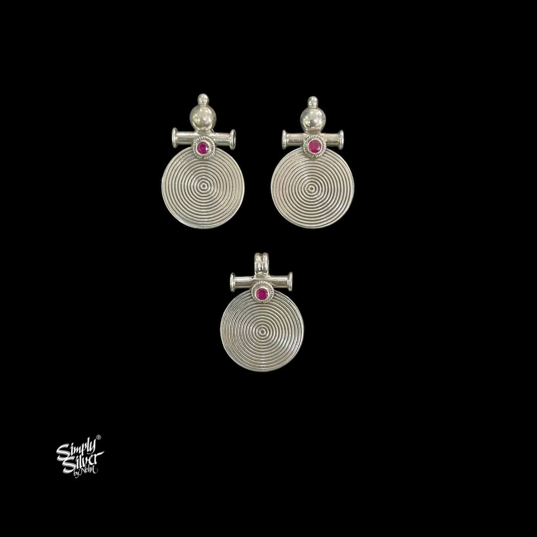 Set of Pink Stone & Round Pendant with Earrings