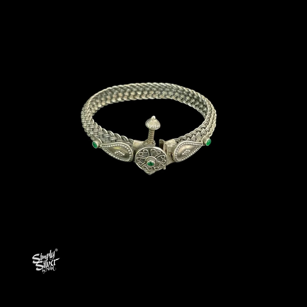 Silver Openable Twisted Kada with Red & Green Stone