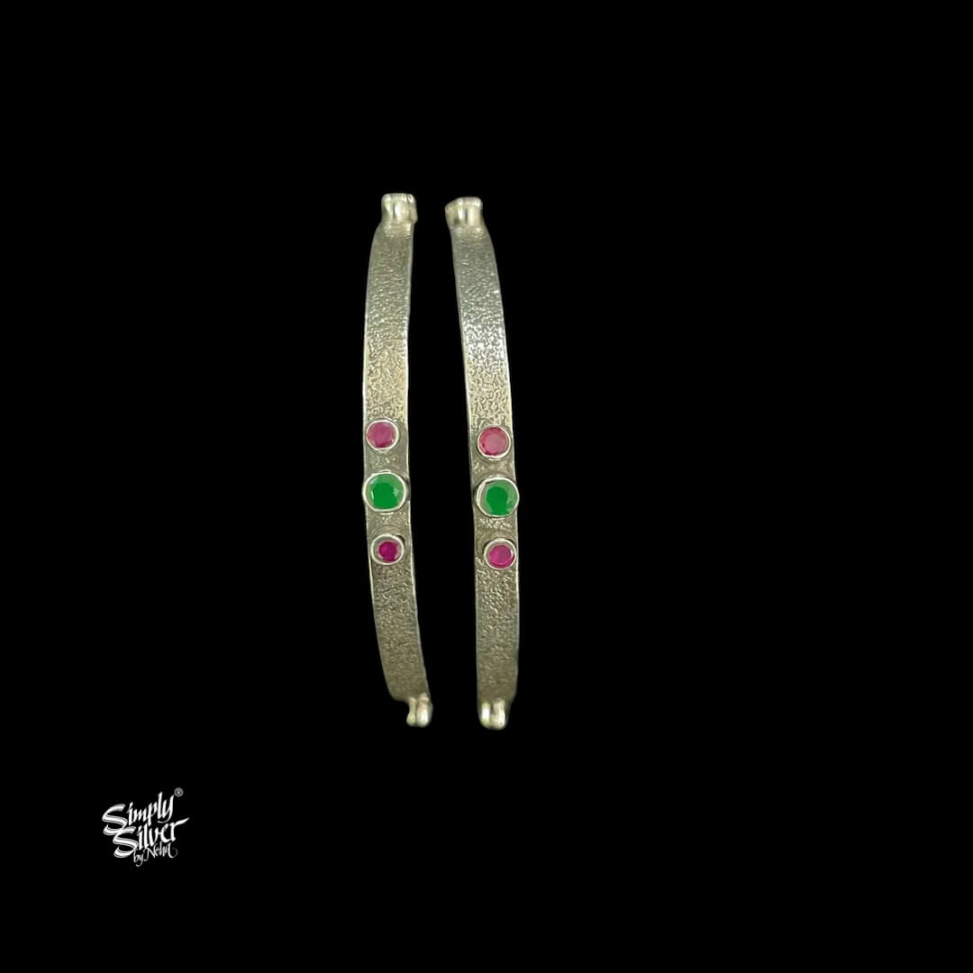 Silver Pink & Green Color Stone Bangles Pair - MH5659