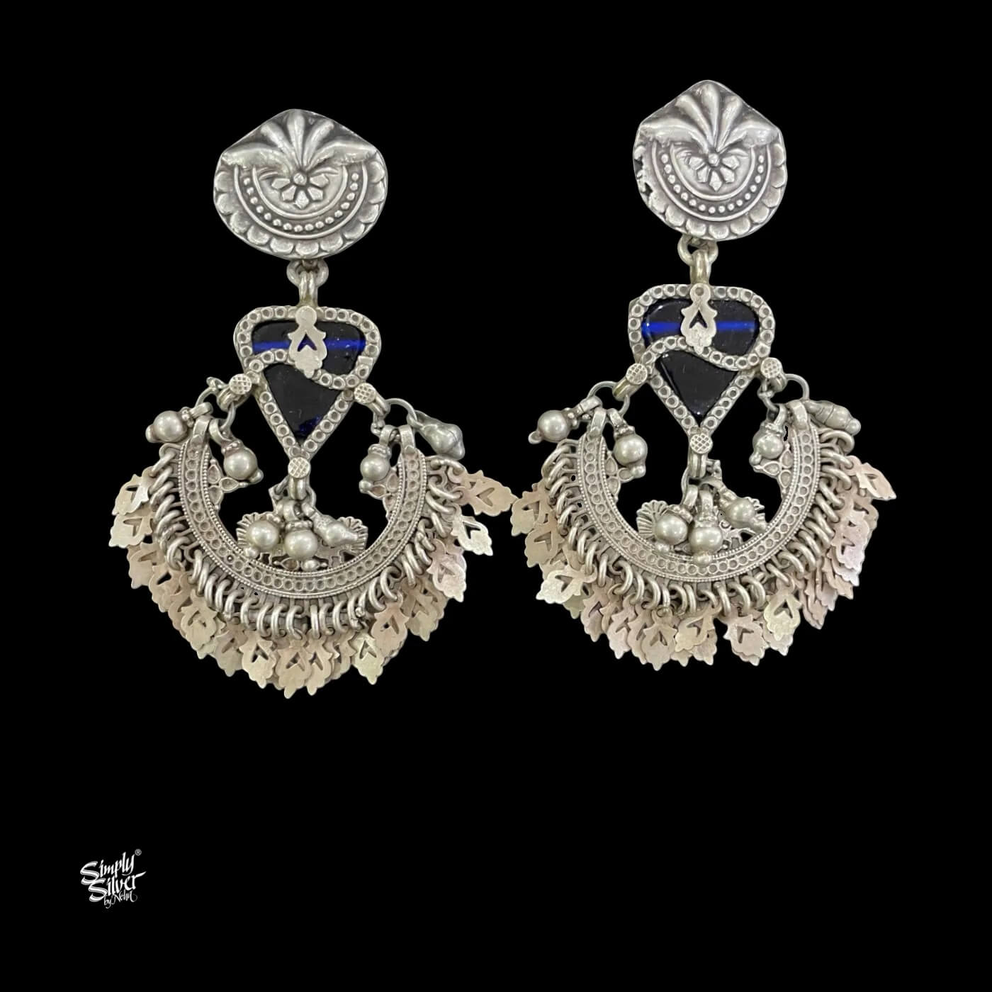 Silver Statement Blue Glass Heart with Peacocks Chaand Bali