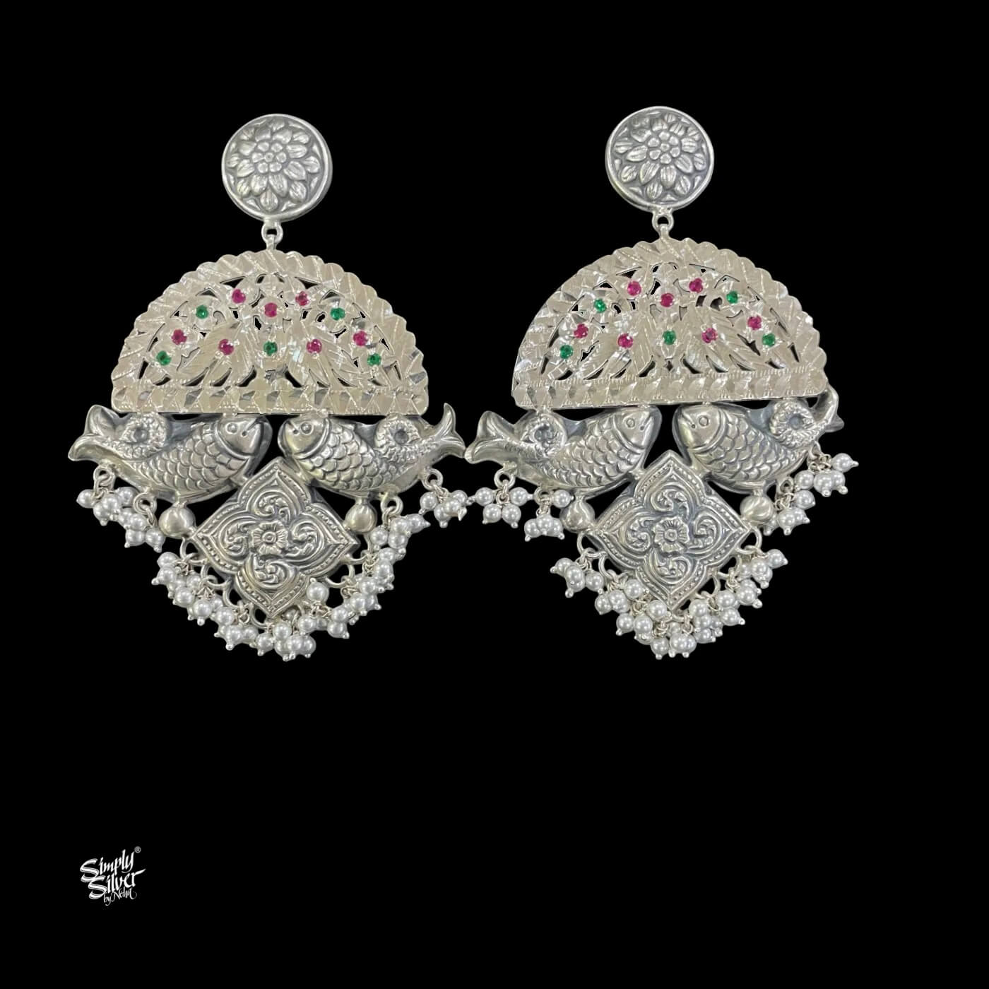 Silver Big Fish Earring with Jaali Stone & Pearls