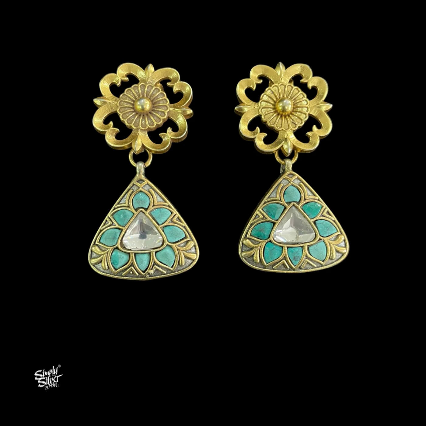 Silver Dual Tone Flower Studs with Turquoise & white Stone