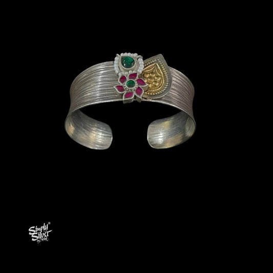 Silver Designer Kada with Dual Tone, Pearls & Kundan Flower-1