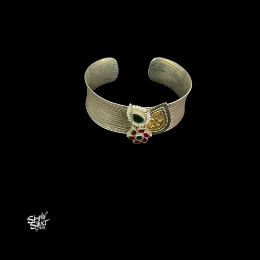 Silver Designer Kada with Dual Tone, Pearls & Kundan Flower-2