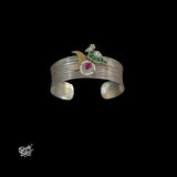 Silver Designer Kada with Dual Tone Chaand, Pearls & Kundan Peacock-1