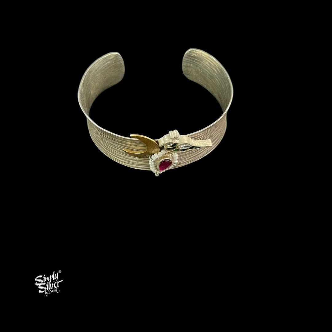 Silver Designer Kada with Dual Tone Chaand, Pearls & Kundan Peacock-2