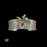 Silver Designer Kada with Dual Tone Chaand, Pearls & Kundan Peacock-3