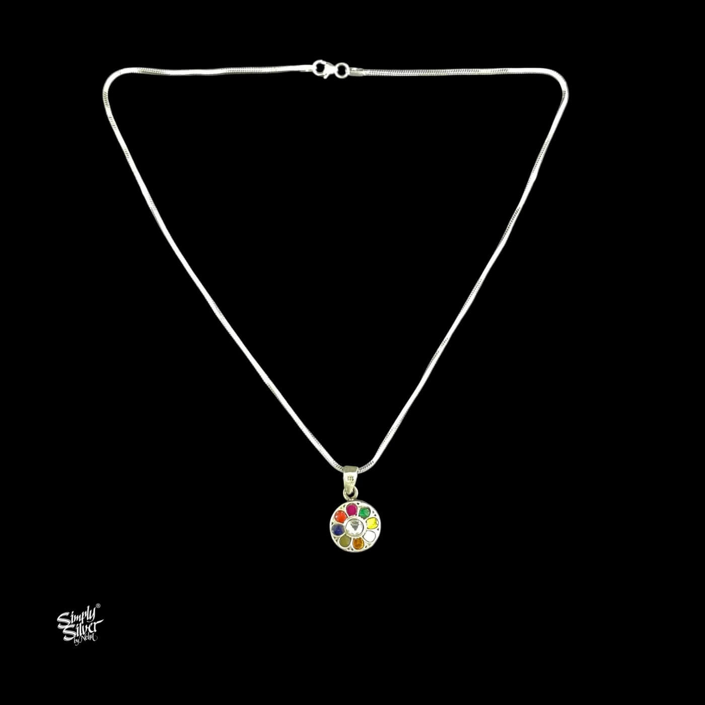 Silver Chain Necklace with Multi Color Kundan Flower Pendant-1