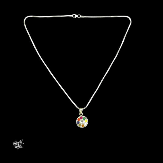 Silver Chain Necklace with Multi Color Kundan Flower Pendant-1