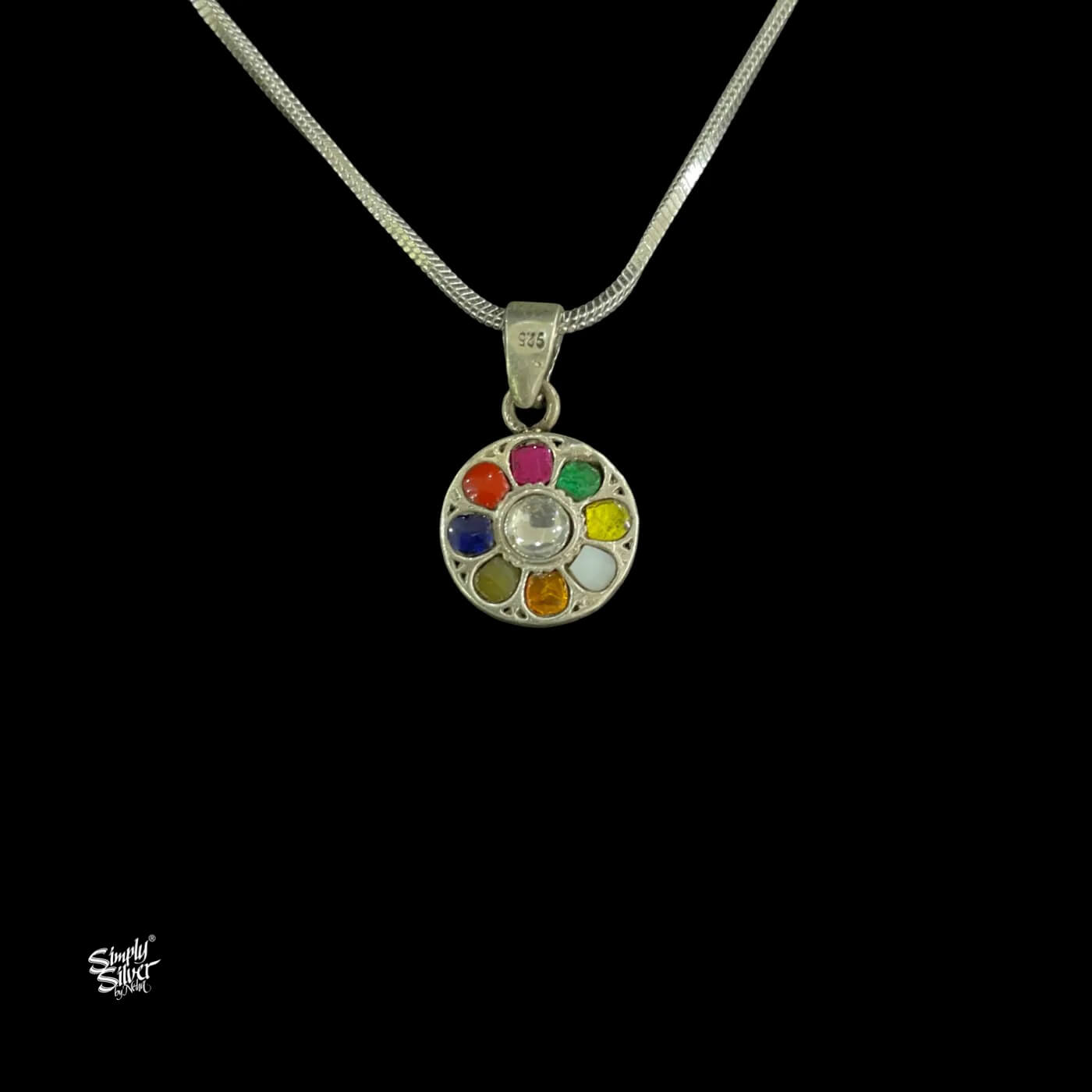 Silver Chain Necklace with Multi Color Kundan Flower Pendant-2
