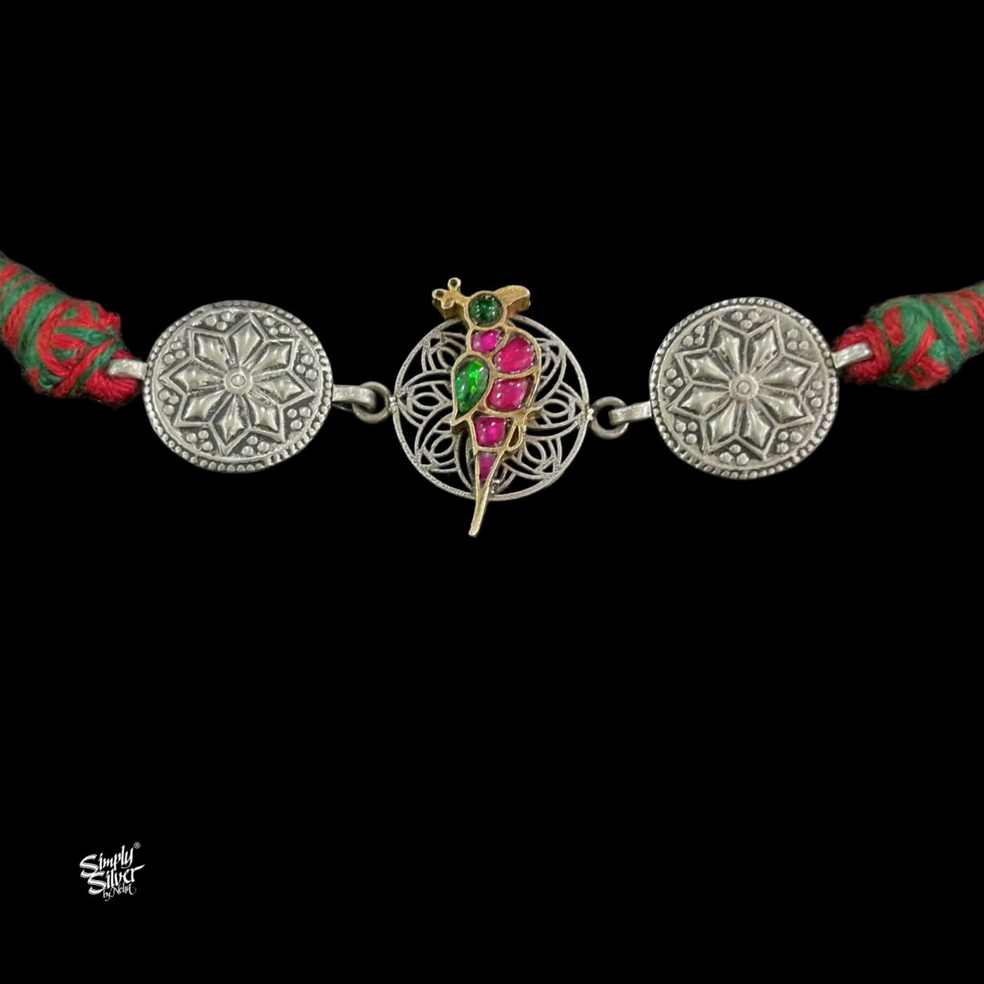 Silver Flower with Jaali, Dual Tone & Multi Color Kundan Peacock Choker-2