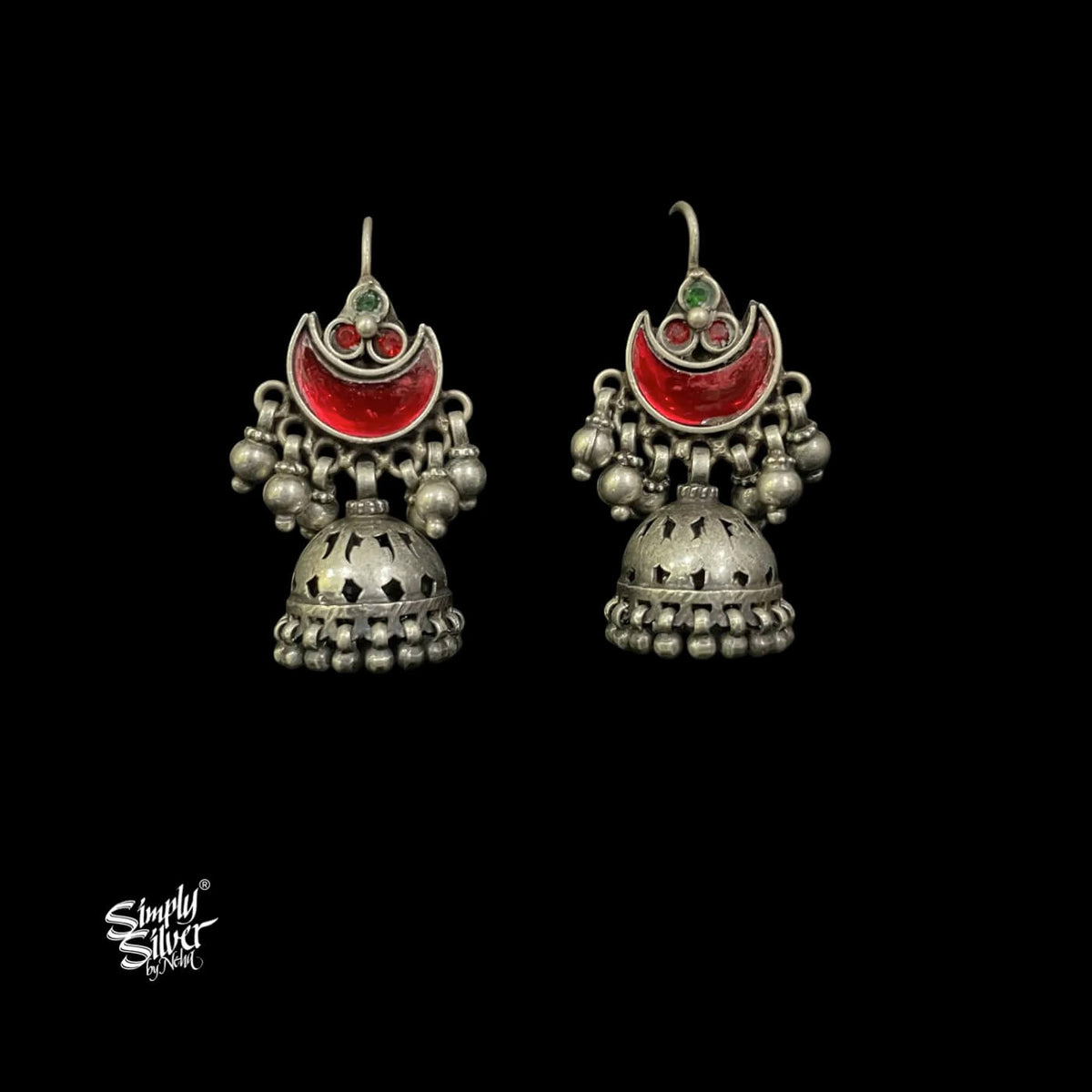 Tribal Jaali Ghungroos Jhumka with Red Color Glass Chaand & Stone-1