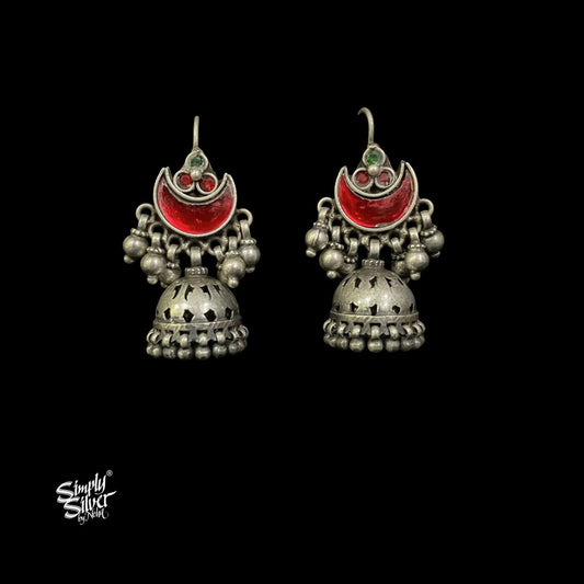 Tribal Jaali Ghungroos Jhumka with Red Color Glass Chaand & Stone-1