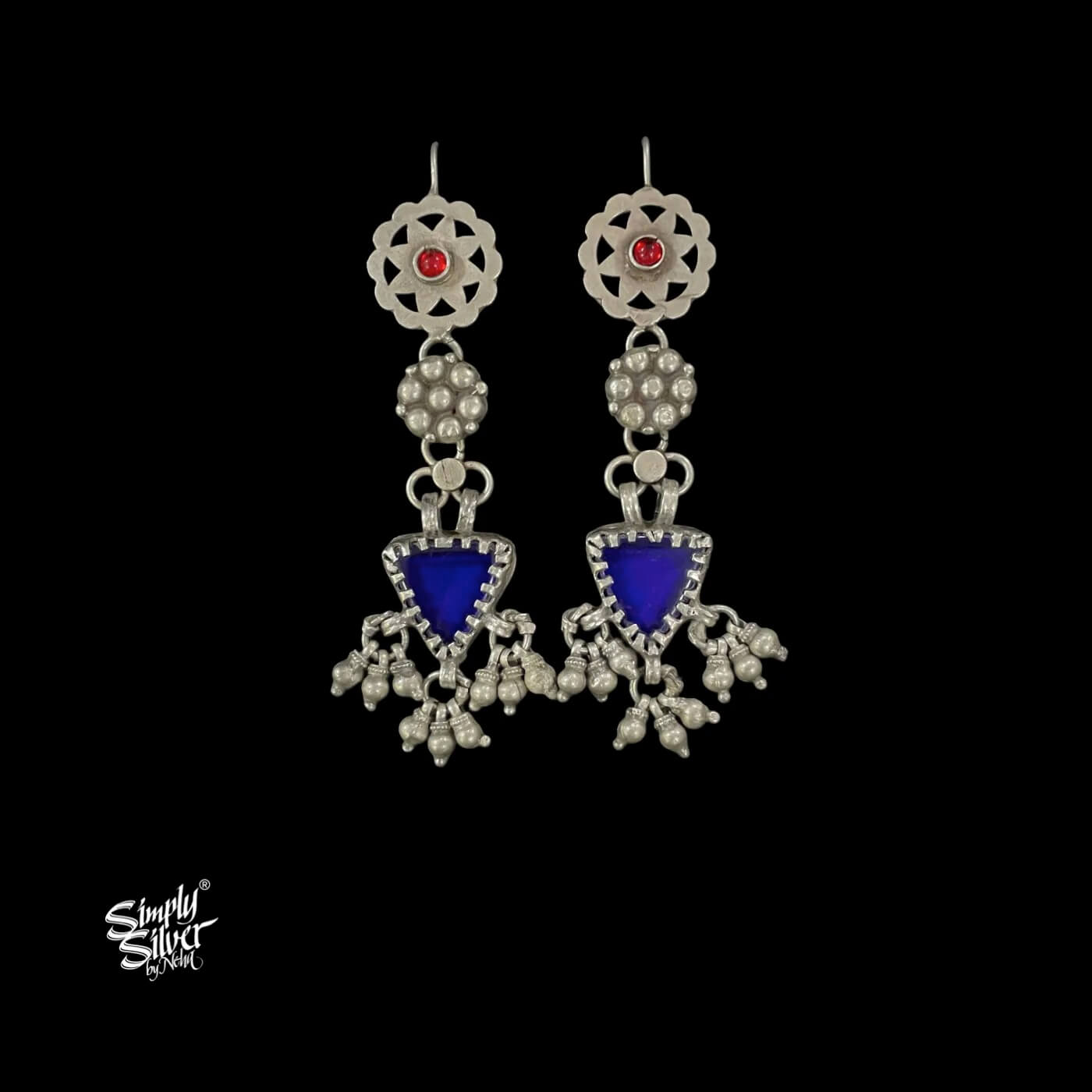 Silver Jaali Red Stone with Long Triangle Blue Glass & Ghungroos-1