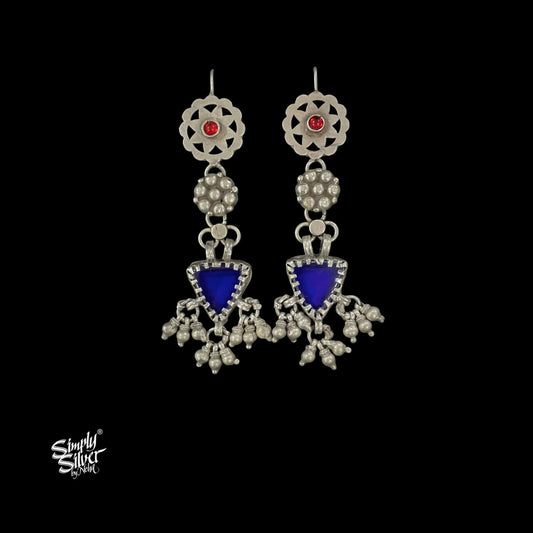 Silver Jaali Red Stone with Long Triangle Blue Glass & Ghungroos-1