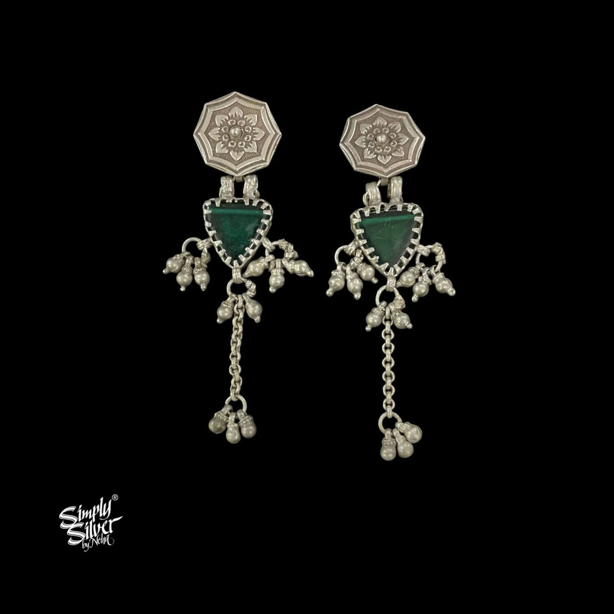 Silver Flower with Triangle Green Glass & long Ghungroos-1