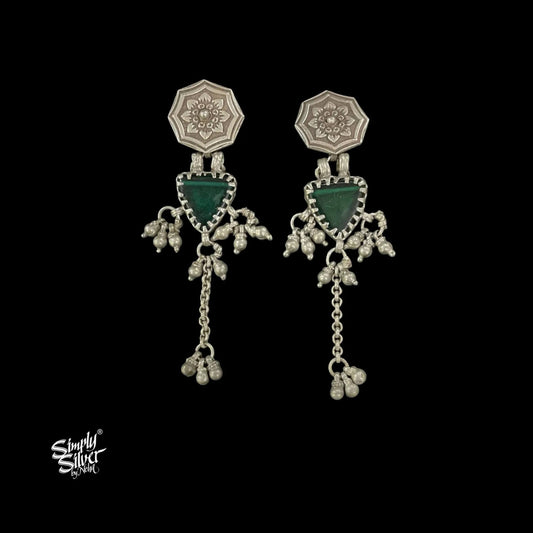 Silver Flower with Triangle Green Glass & long Ghungroos-1