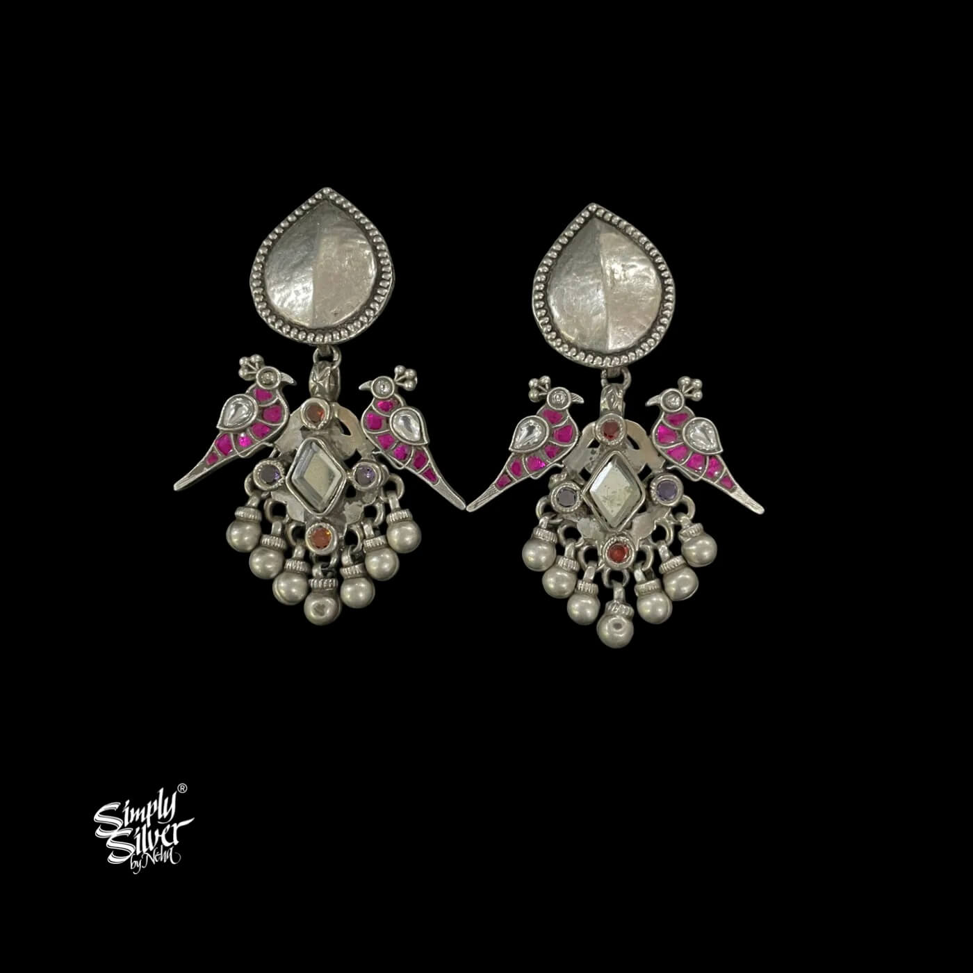 Silver Statement Paan with Kundan Peacocks & Centre Mirror-1