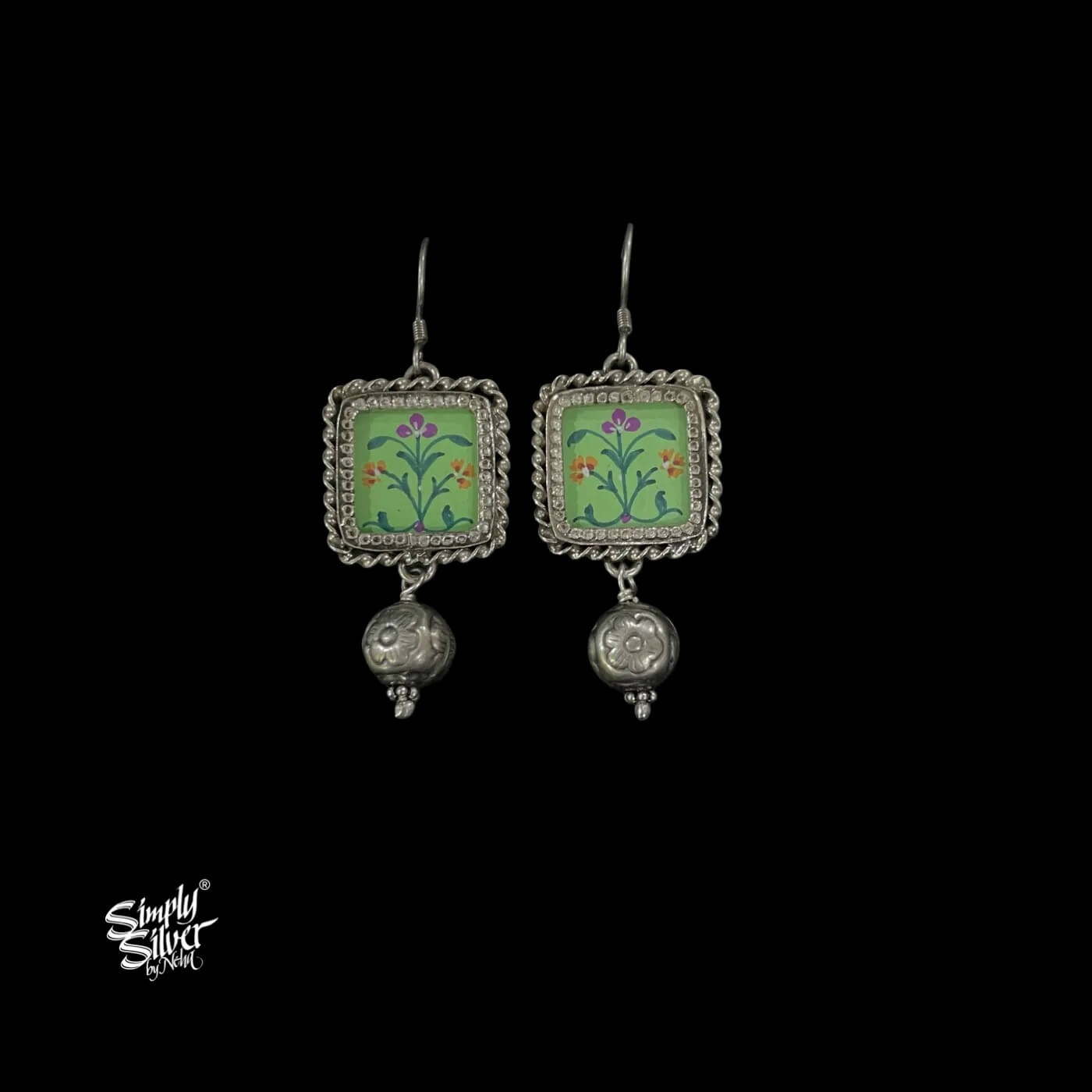 Square Mint Green Color Hand Painted Glass with Silver Ball Dangler-1