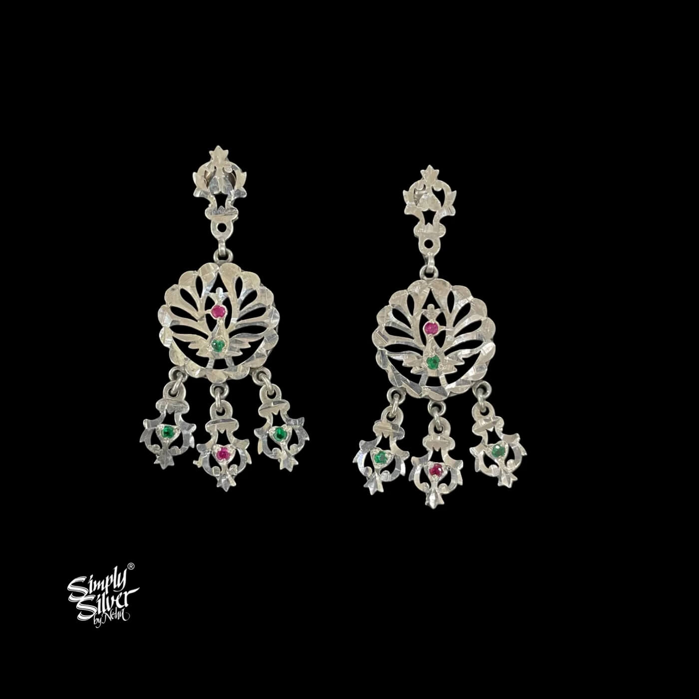 Silver Jaali Flower with Green & Pink Stone-1