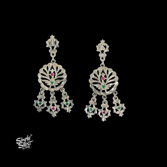 Silver Jaali Flower with Green & Pink Stone-1