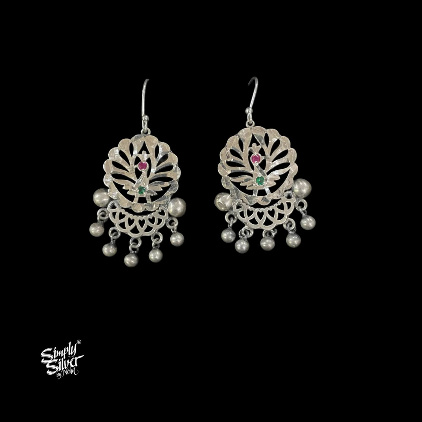 Silver Pink & Green Stone Jaali Flower with Ghungroos-1