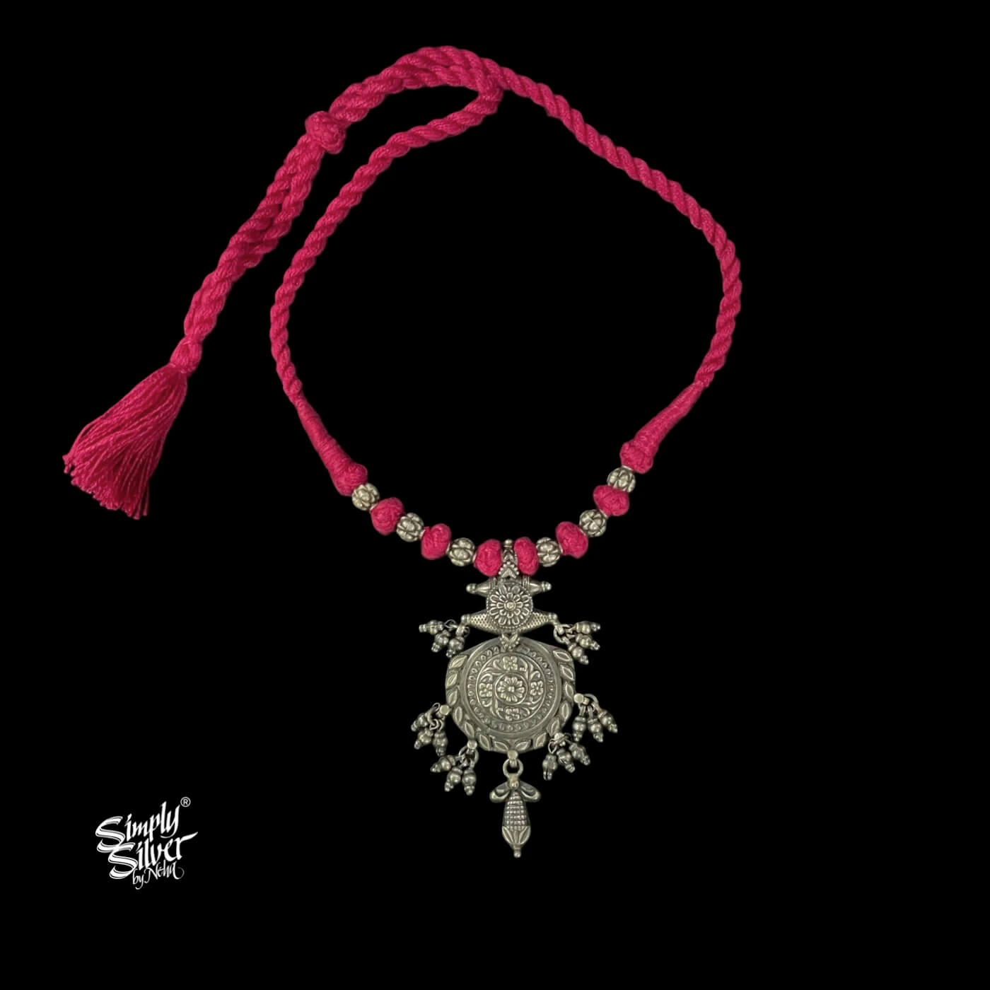 Silver Flower & Ghungroos Necklace Choker with Floral Beads-1