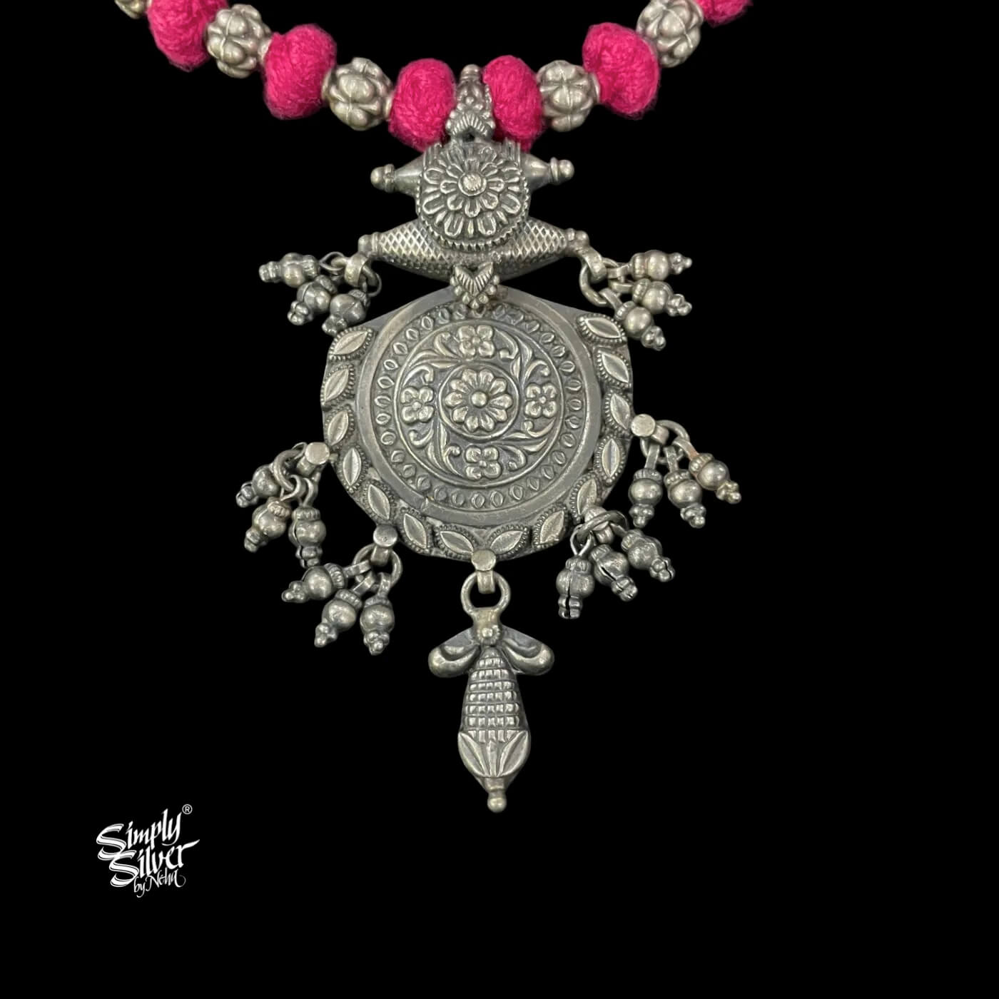 Silver Flower & Ghungroos Necklace Choker with Floral Beads-3