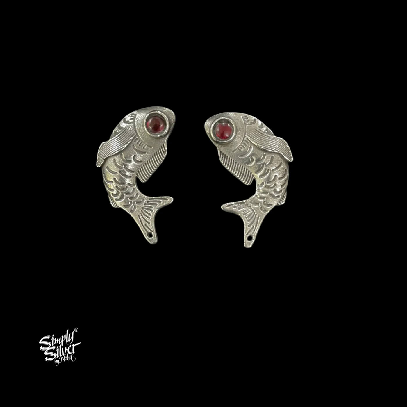 Silver Fish Earrings with Red Stone-1