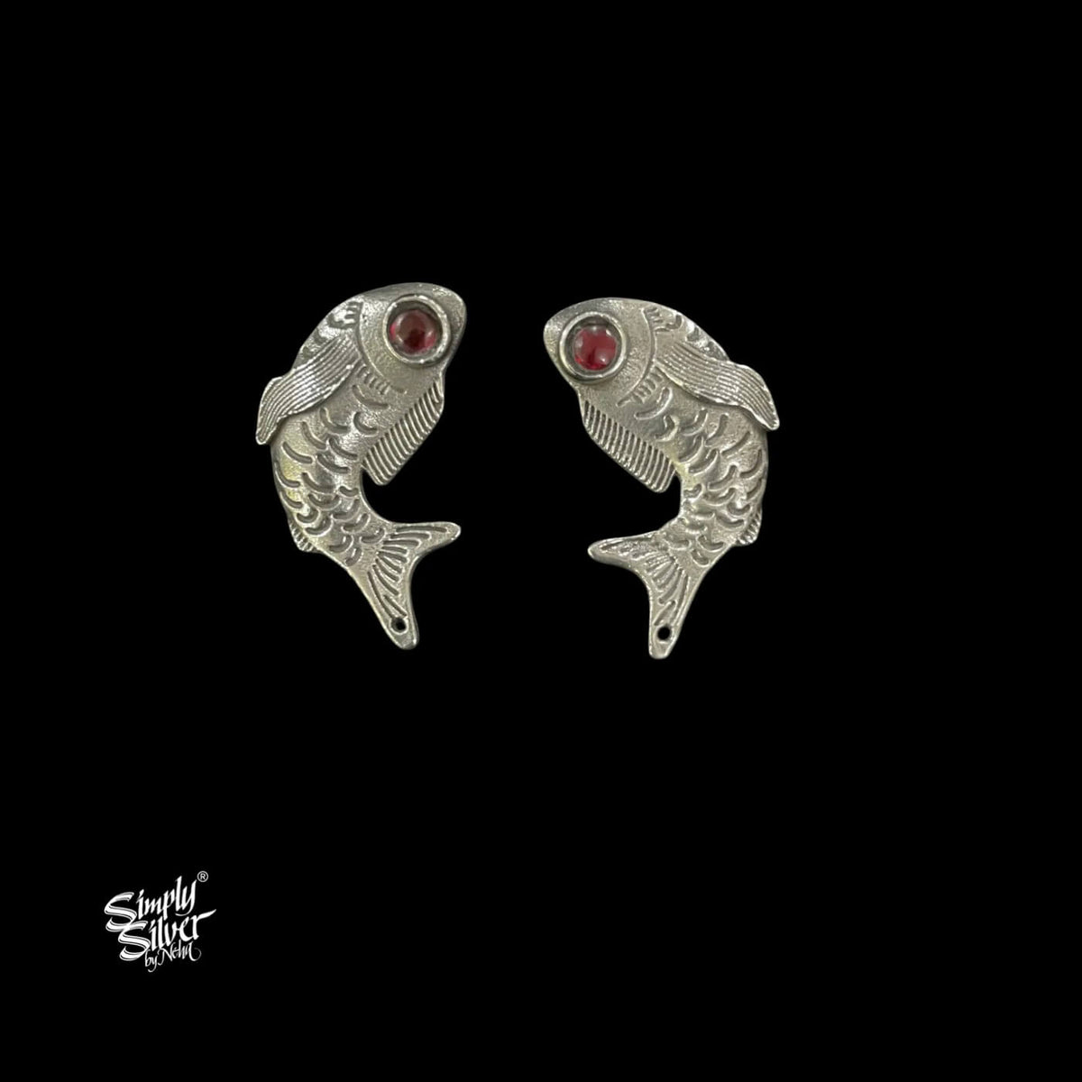 Silver Fish Earrings with Red Stone-1