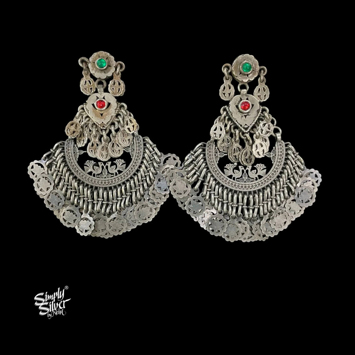 Silver Statement Green & Red Stone with Peacocks Chand Bali-1