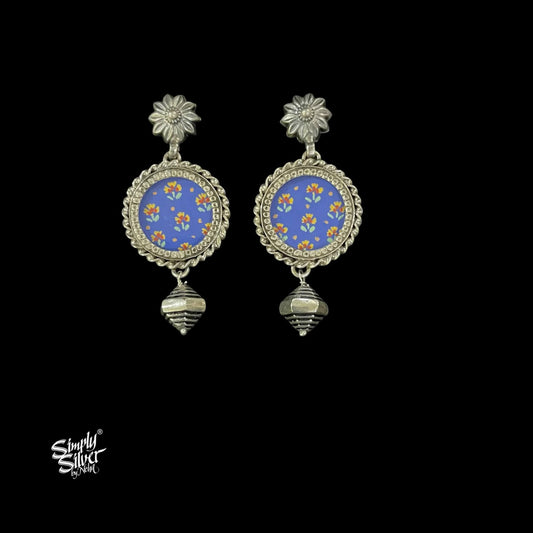 Silver Flower with Blue Color Hand Painted Glass & Bead Dangler-1