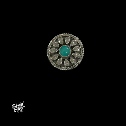 Centre Turquoise & AD Stone Flower Ring-2