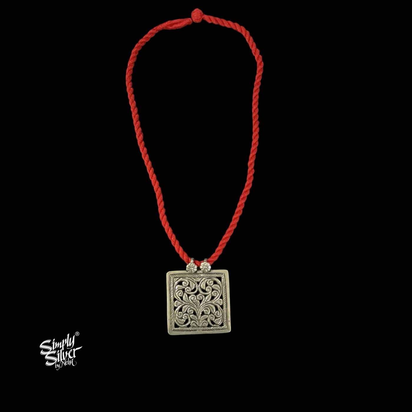 Silver Square Jali Flower Pendant-1