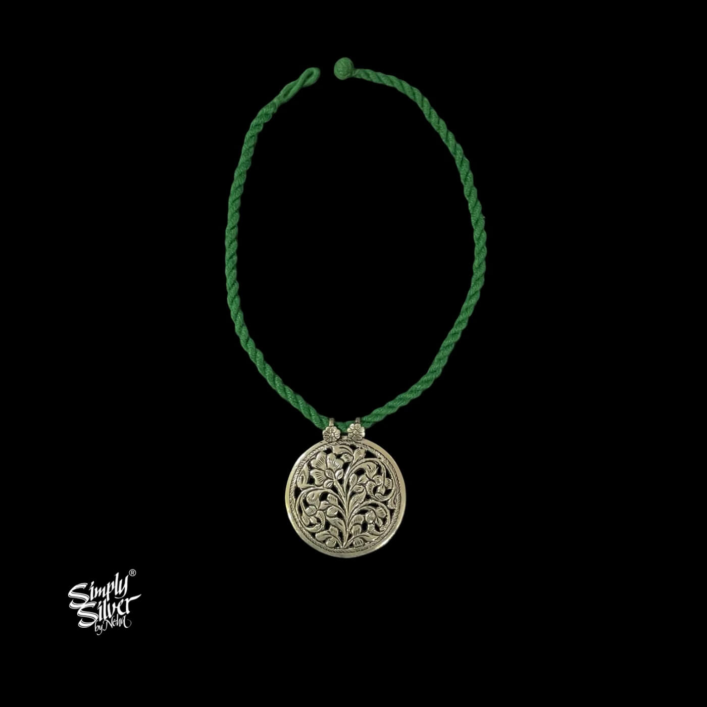 Silver Designer Round Jali Flower Pendant-1