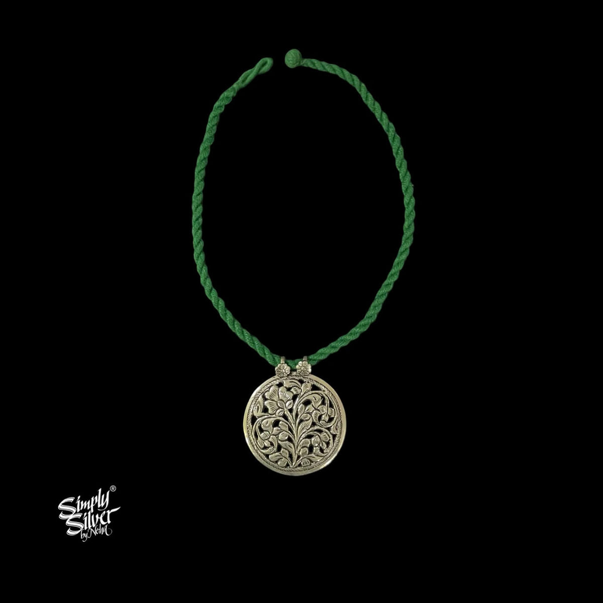 Silver Designer Round Jali Flower Pendant-1