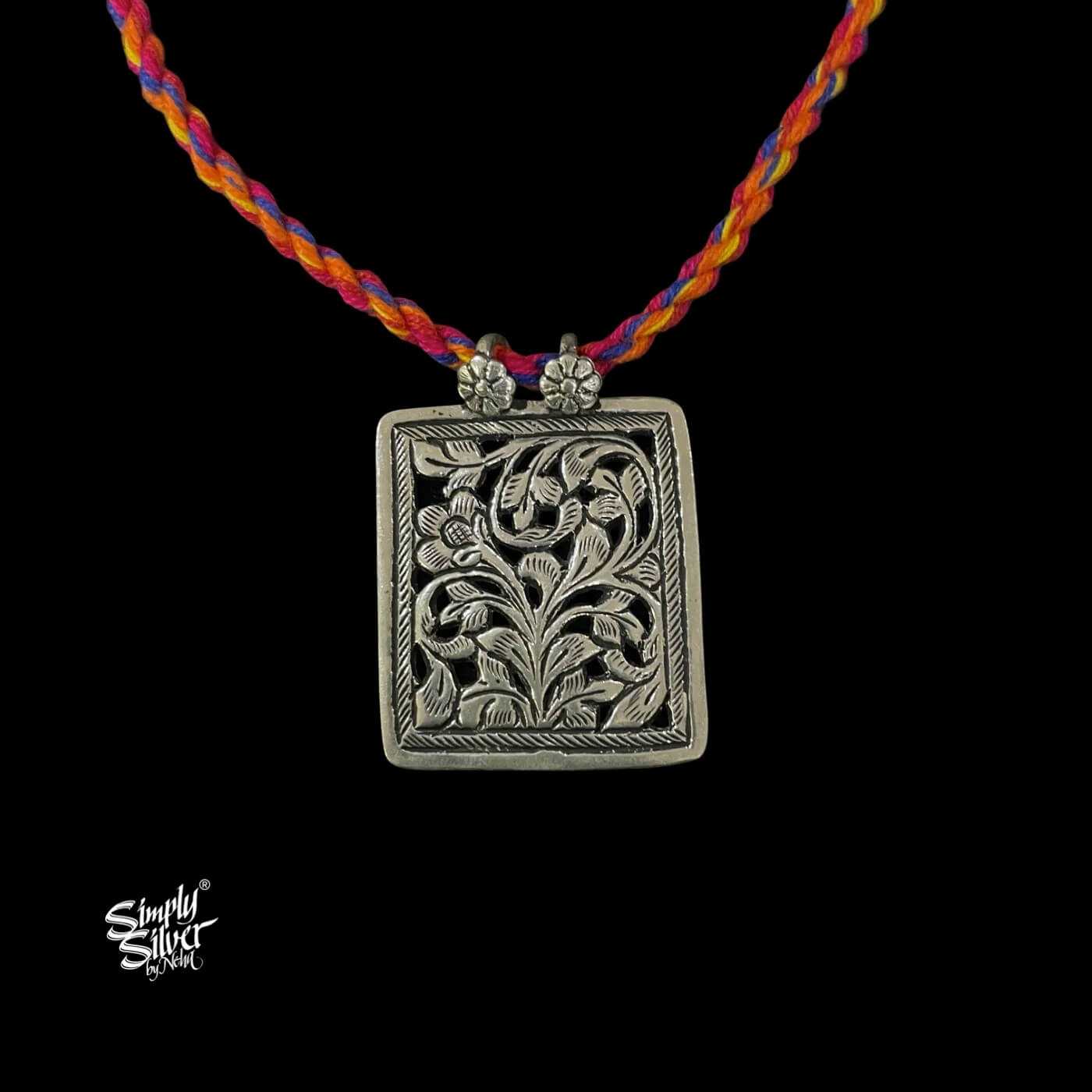 Silver Designer Rectangle Jali Flower Pendant-2