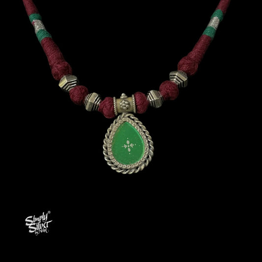 Green Color Hand Painted Glass & Silver Beads Choker-2