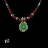 Green Color Hand Painted Glass & Silver Beads Choker-2