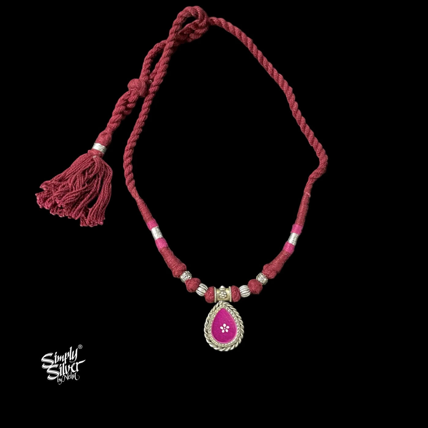 Pink Color Hand Painted Glass & Silver Beads Choker-1
