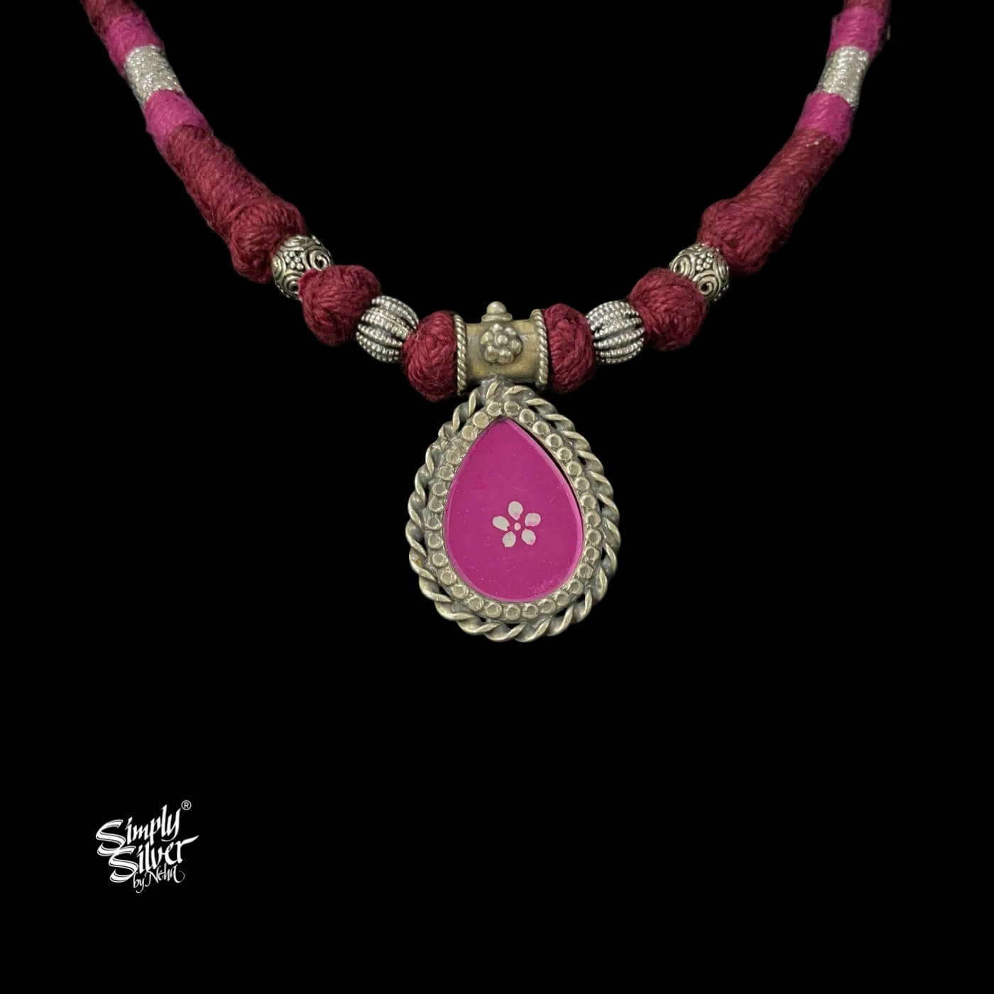 Pink Color Hand Painted Glass & Silver Beads Choker-2