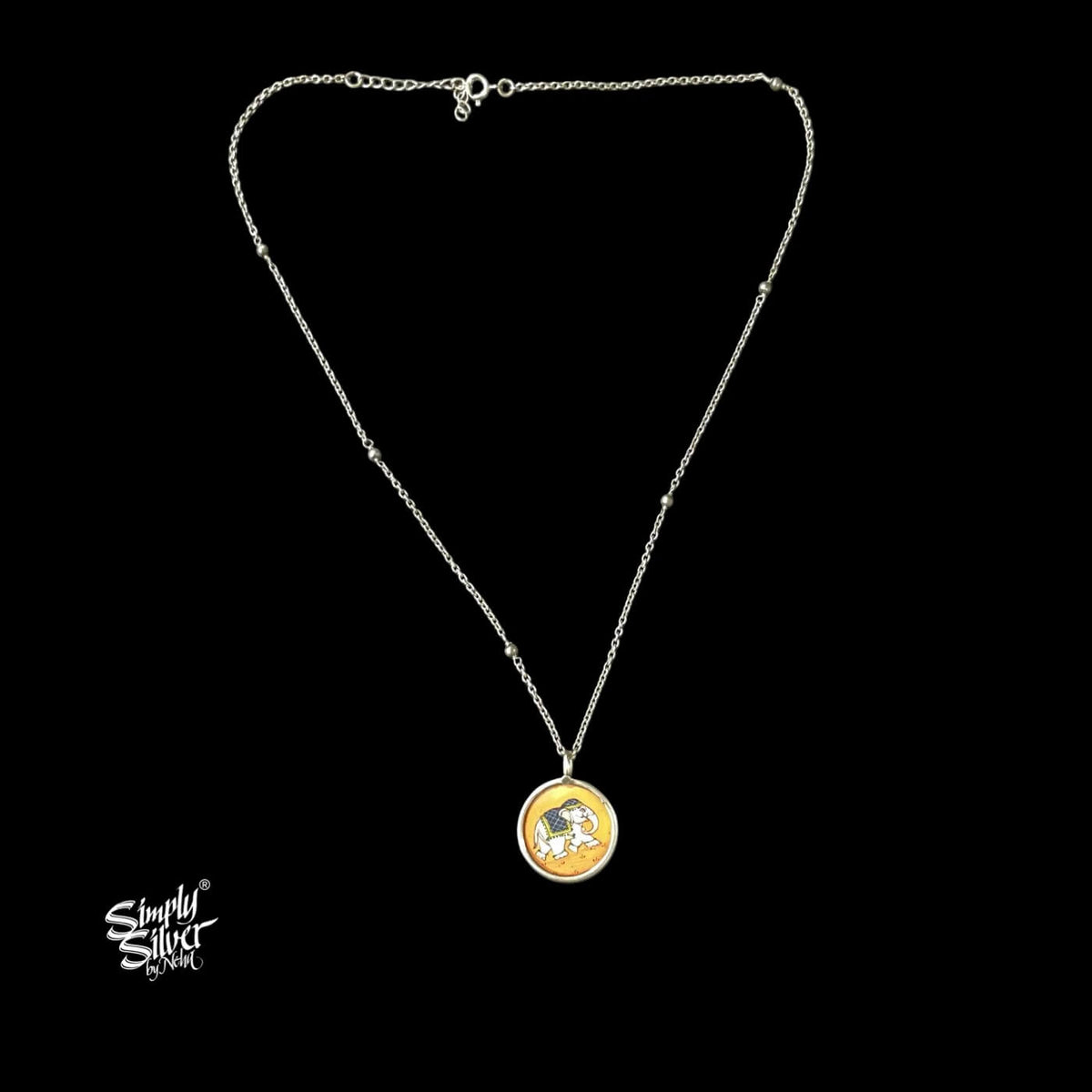 Silver Chain with Hand Painted Glass Elephant Necklace-1
