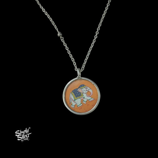 Silver Chain with Hand Painted Glass Elephant Necklace-2