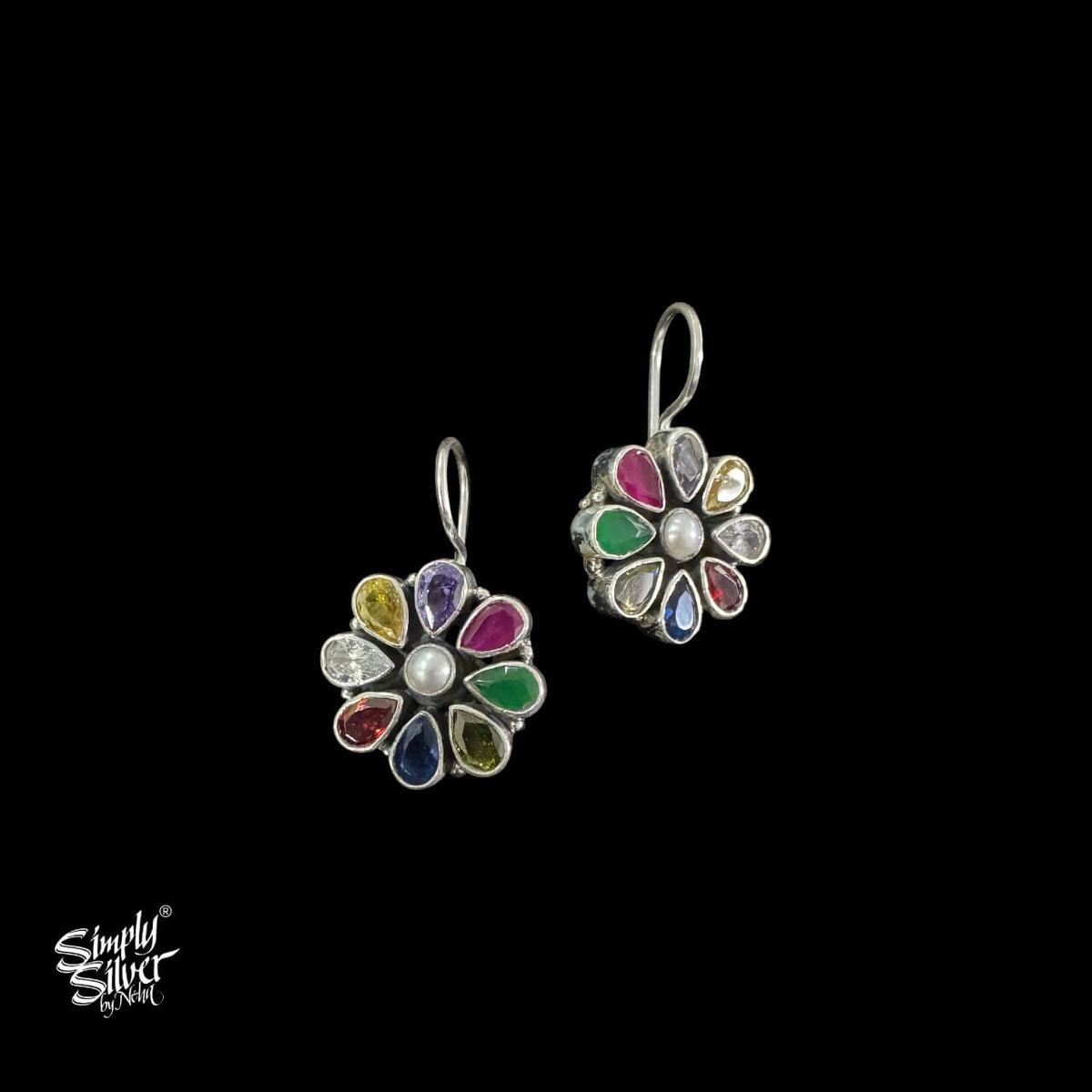 Multi Color Stone & Centre Pearl Flower Hooks - MH5815