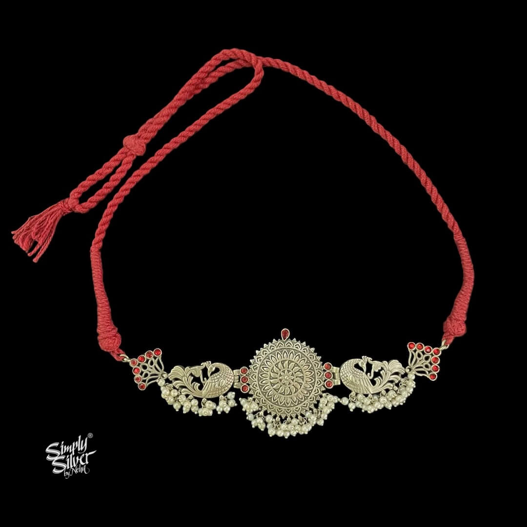 Silver Peacocks with Red Stone & Pearls Choker - MH5829