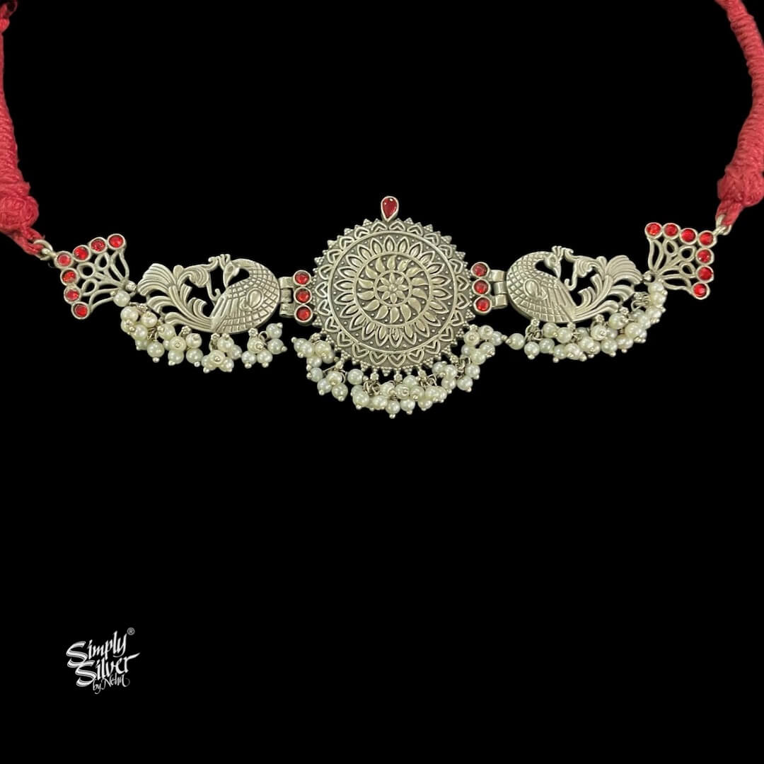 Silver Peacocks with Red Stone & Pearls Choker - MH5829