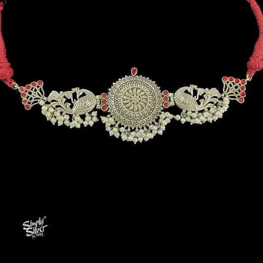 Silver Peacocks with Red Stone & Pearls Choker - MH5829