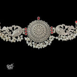Silver Peacocks with Red Stone & Pearls Choker - MH5829