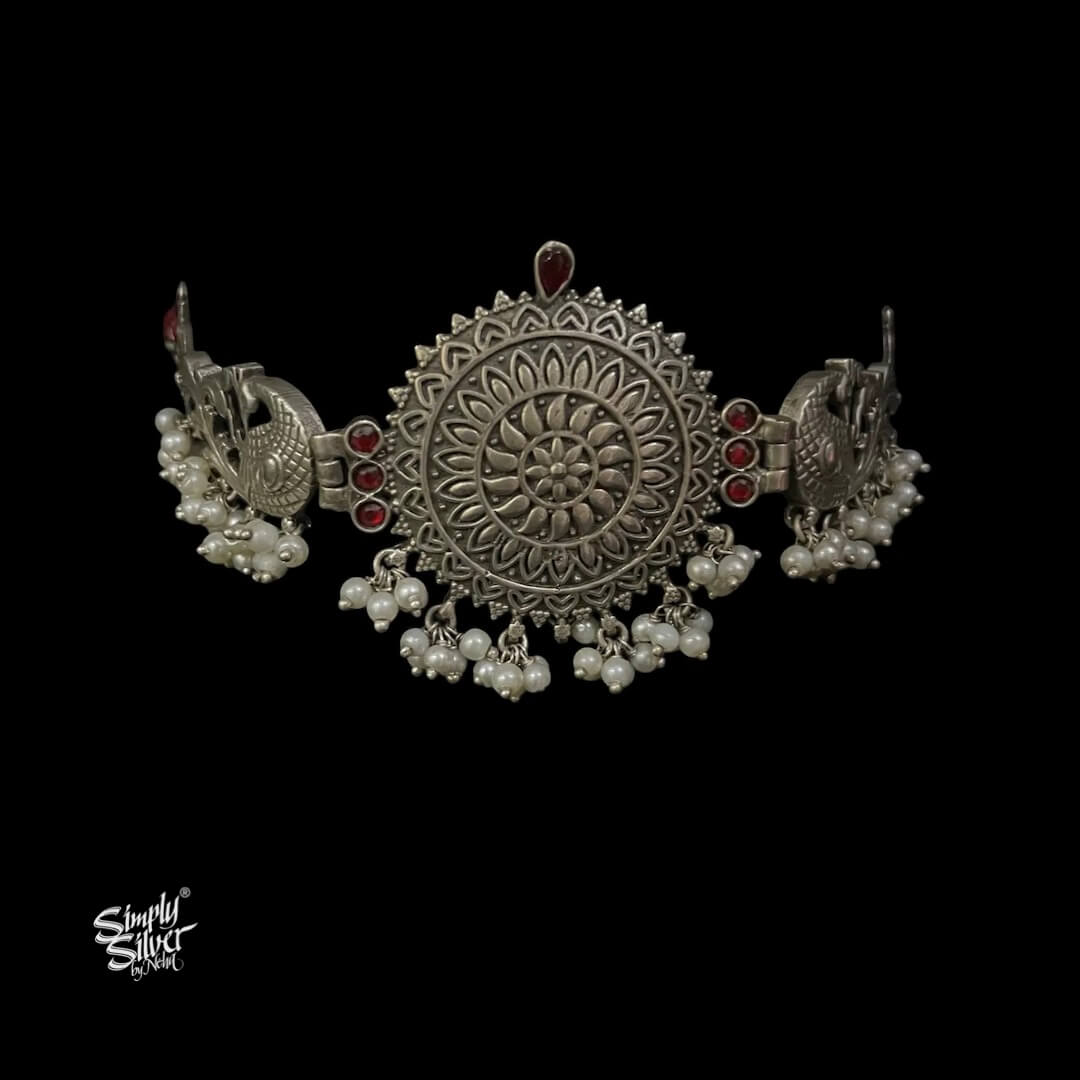 Silver Peacocks with Red Stone & Pearls Choker - MH5829