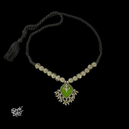 Silver Statement Beads Necklace with Big Green Glass & Ghungroos - MH5831